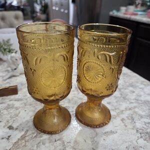 Vintage Indiana Glass Amber Goblet Set/2